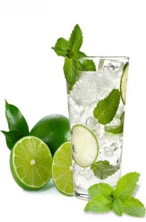 Sklenička s mojitom, ledem, mátou a limetkou na bílém pozadí.