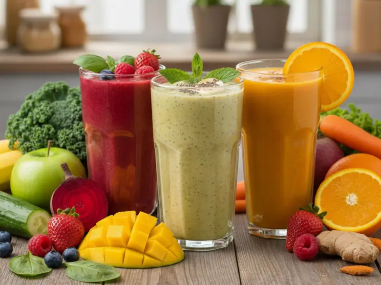 Tři zeleninové smoothie s ovocem a čerstvou zeleninou.