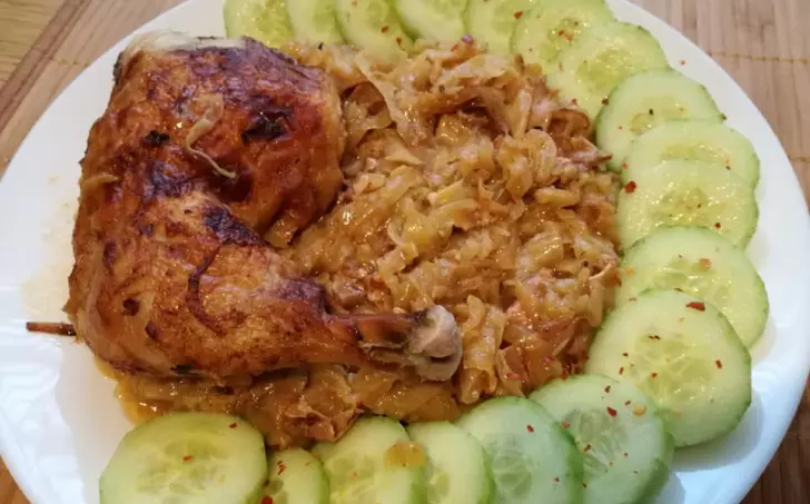 Roasted chicken with sauerkraut and cucumbers