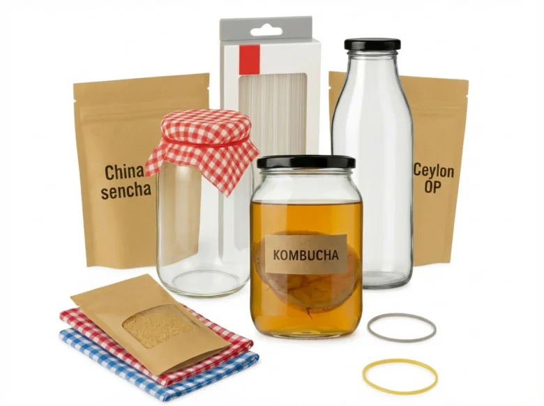 Sklenice s kombuchou, čajové pytle a pomůcky pro domácí přípravu.