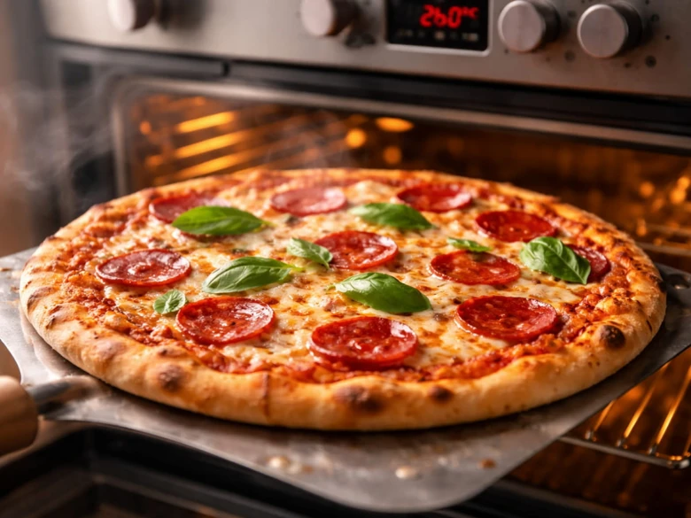 Připravená mražená pizza s bazalkou vyjíždí z horké trouby.