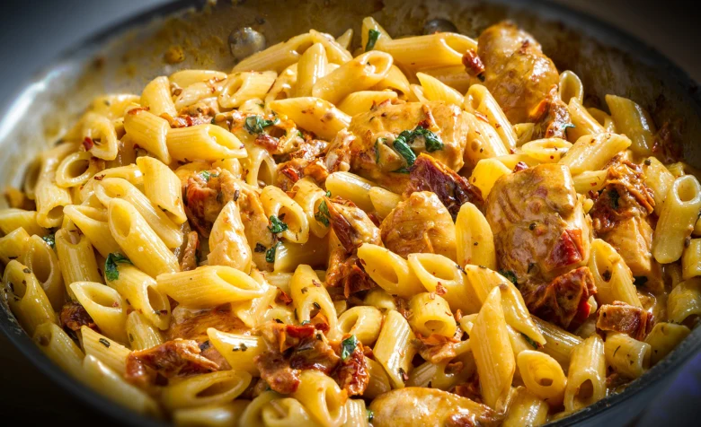 Penne s kuřecím masem a rajčaty v pánvi.