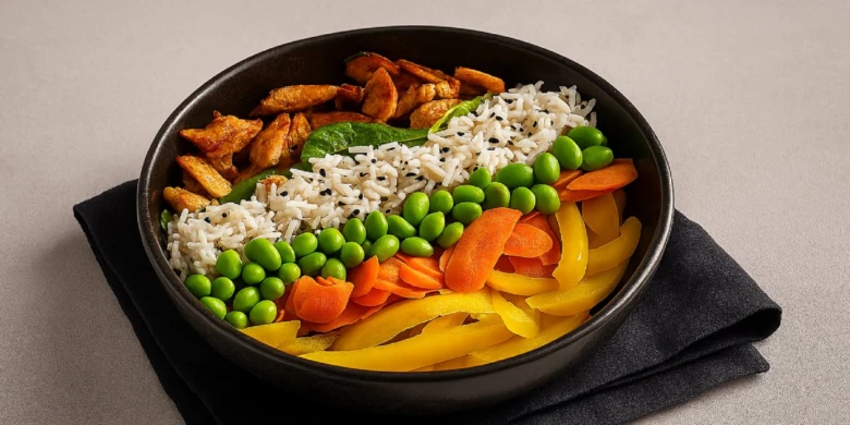 Černá miska s rýží, fazolími edamame, mrkví a pečeným tofu.