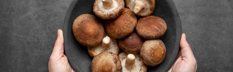 Ruce drží talíř s čerstvými houbami shiitake.