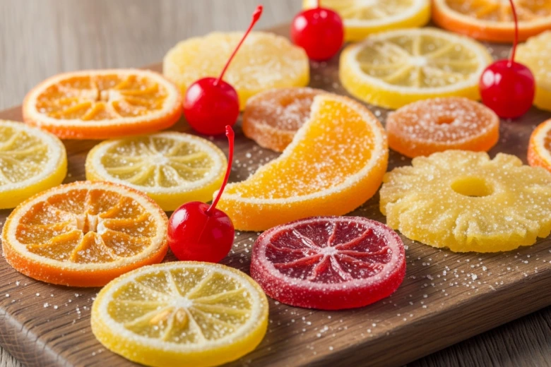 Kandované plátky citronu, pomeranče s višněmi na dřevěné desce.