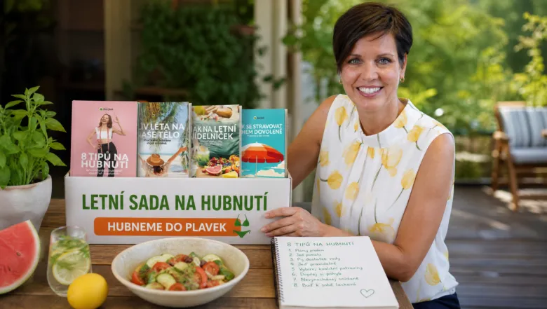 Sada knih na hubnutí s salátem a ovocem pro rodinu.