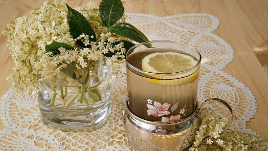 Sklenička domácí limonády z bezu s citronem a květy.