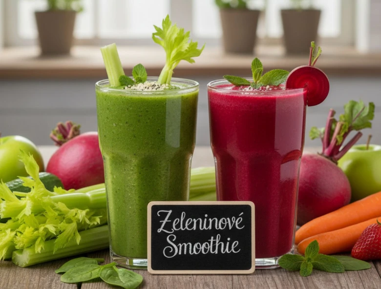 Dva zeleninové smoothie s čerstvou zeleninou a ovocem na dřevěném stole.