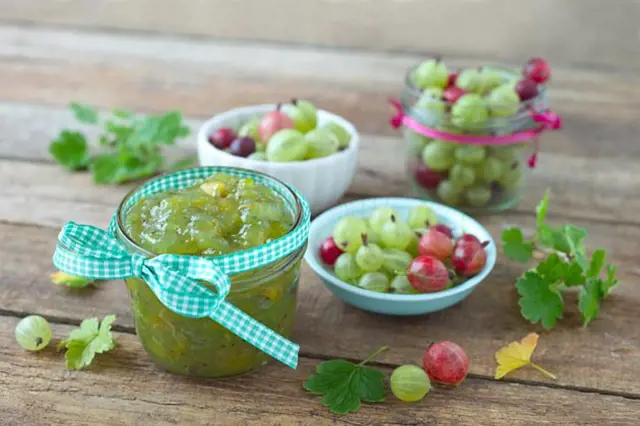Sklenice angreštové marmelády s čerstvým angreštem a brusinkami.