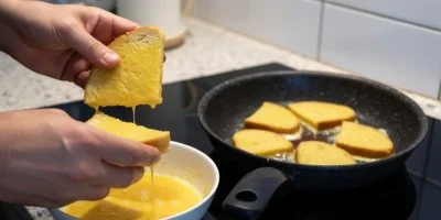 Ruce namáčejí chléb do vajíček před smažením na pánvi.
