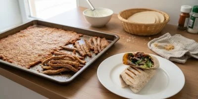 Domácí kebab s kuřecím masem na plackách v kuchyni.