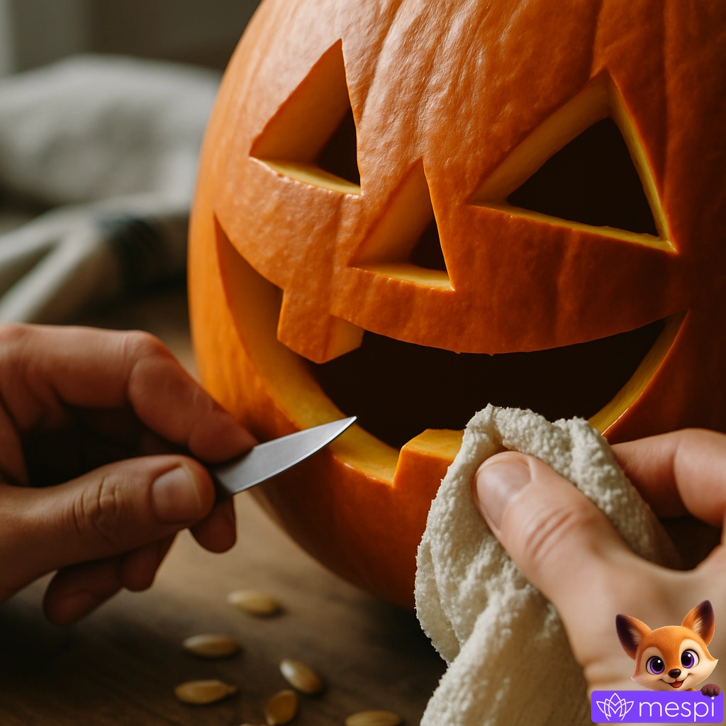 Ruce vydlabají úsměv do dýně pro halloween.