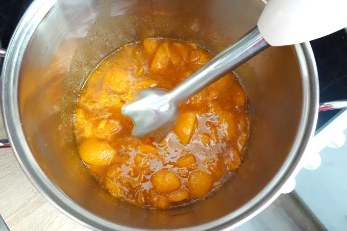 Imersní mixér rozmíchává meruňky v hrnci na marmeládu.