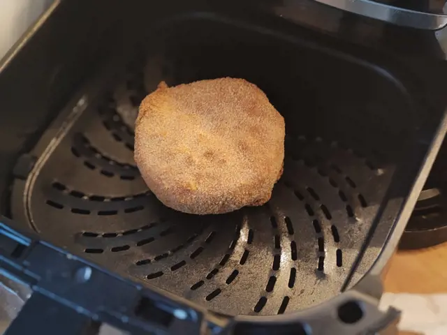 Hermelín obalený v horkovzdušné fritéze na mřížce.