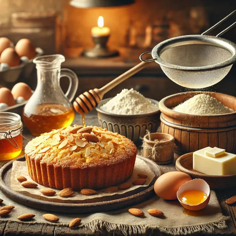 Svěží mandlový koláč s surovými ingrediencemi na starém dřevěném stole.